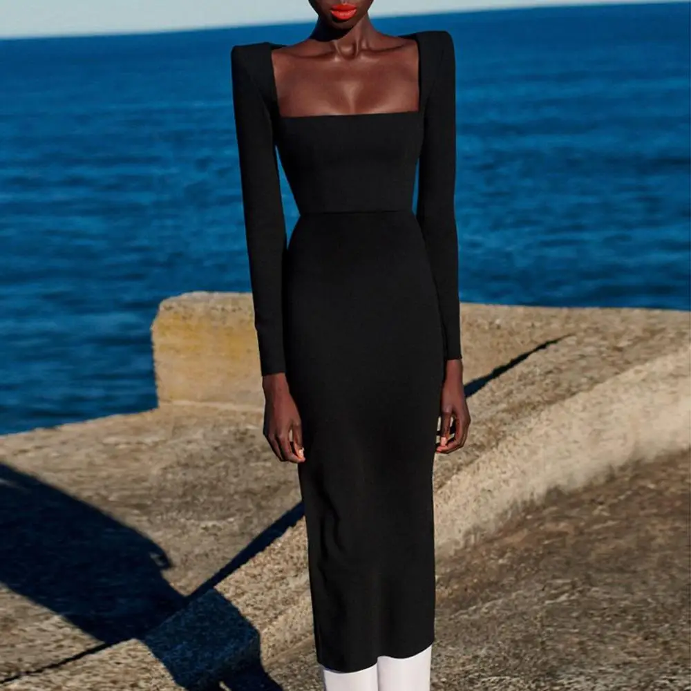 

2020 New Fashion Women Designer Black Long Sleeve Bodycon Bandage Dress Ladies Party Dress Vestidos