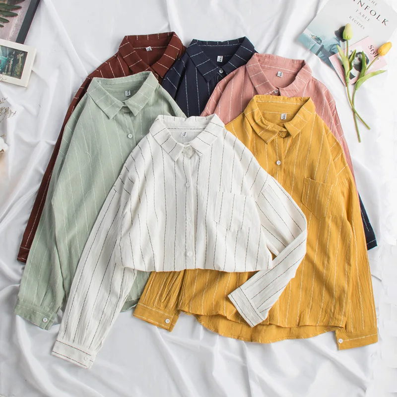 

Korean Casual Button Up Shirt Lapel Striped Blouse Preppy Women Tops Simple Long-sleeve Loose Shirts Spring Autumn Blusas Mujer