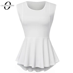 Женская Летняя трикотажная туника с баской, облегающая Туника без рукавов с оборками, повседневный однотонный топ с круглым вырезом, E112