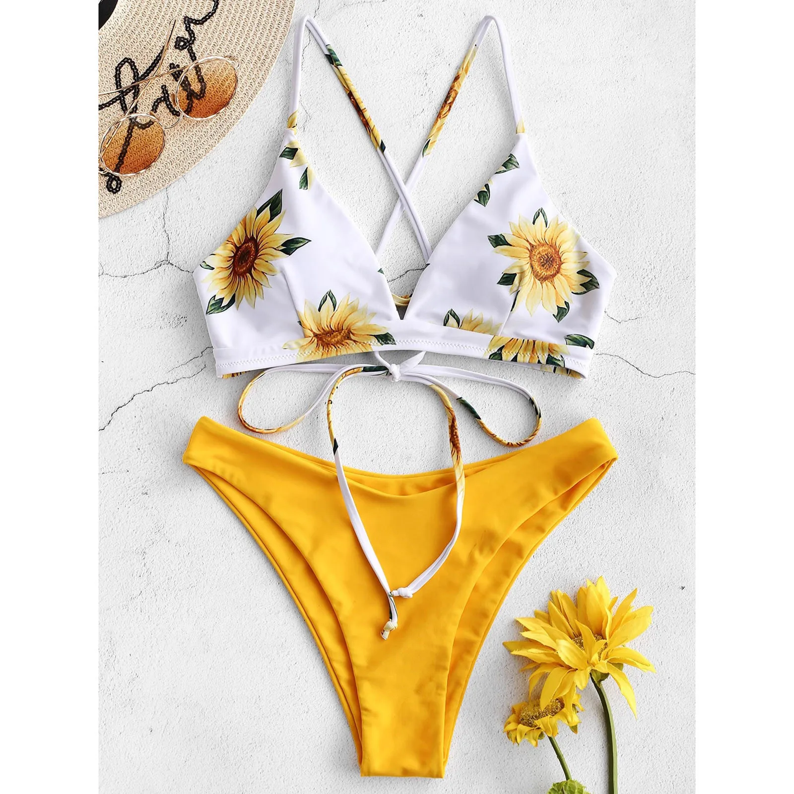 

Women's Flower Printed Bikini Set Sexy Crisscross Swimwear Push Up Padded Biquini Bather Suit Bandage Bathing Suit Swimsuit