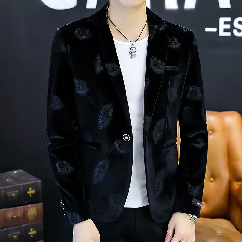 

HOO 2022 Men's New Spring Velveteen Casual blazerTeenagers Handsome Casual Feather Printed blazer