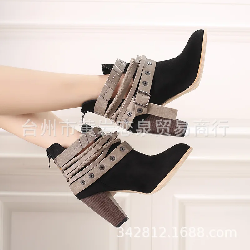 Ботинки женские короткие с круглым носком Винтажные ботинки на среднем каблуке