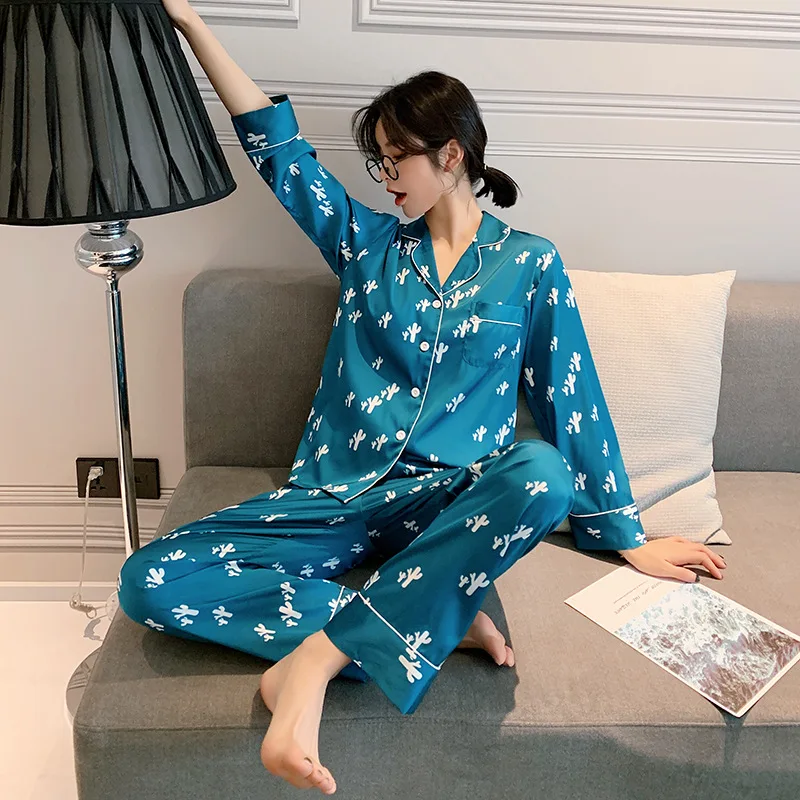 Женская синяя атласная пижама Повседневная рубашка с отложным воротником и