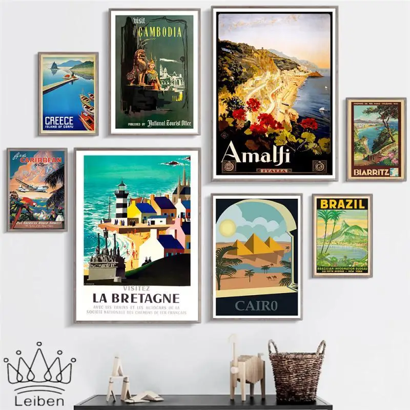 

Nordic Tourist City Vintage Canvas Painting Italy France Brazil Amalfi Landscape Art Posters and Prints Living Room for Decor