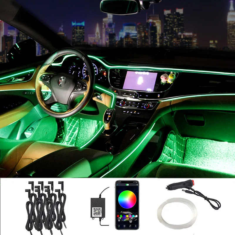 

By App Control Car Interior Ambient Lights RGB LED Atmosphere Lamp Kit Fiber Optic Strips Light Auto Accesorios Easy To Install