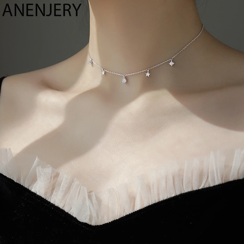

Evimi 925 Silver Color Star Tassel Choker Necklace For Women Clavicle Chain Zircon Waterdrop S-N714