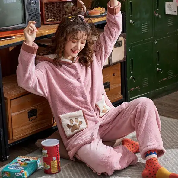 

Fdfklak Very Thick women pajamas set cute cartoon student's home clothes casual warm flannel pyjamas women winter pijama suit
