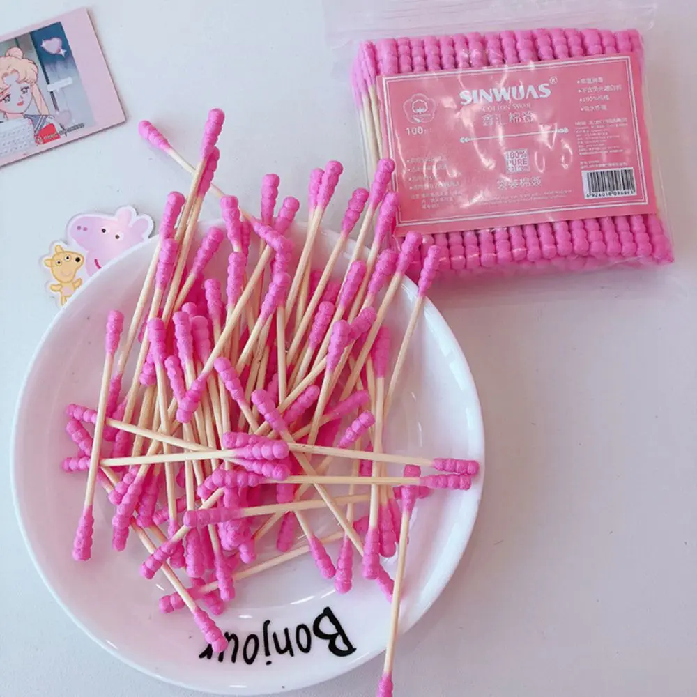 

100 Pcs/Pack Pink Double Head Cotton Swab Sticks Female Makeup Removercotton Buds Tip For Medical Nose Ears Cleaning
