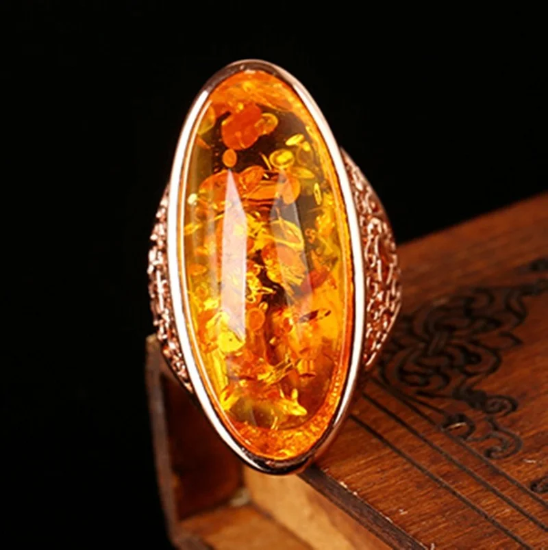 

2021 Trend Baltic Beeswax Amber Oval Women's Rings Cute Jewelry Engagement Wedding Ring Female Ring Bijouterie Female Gothic