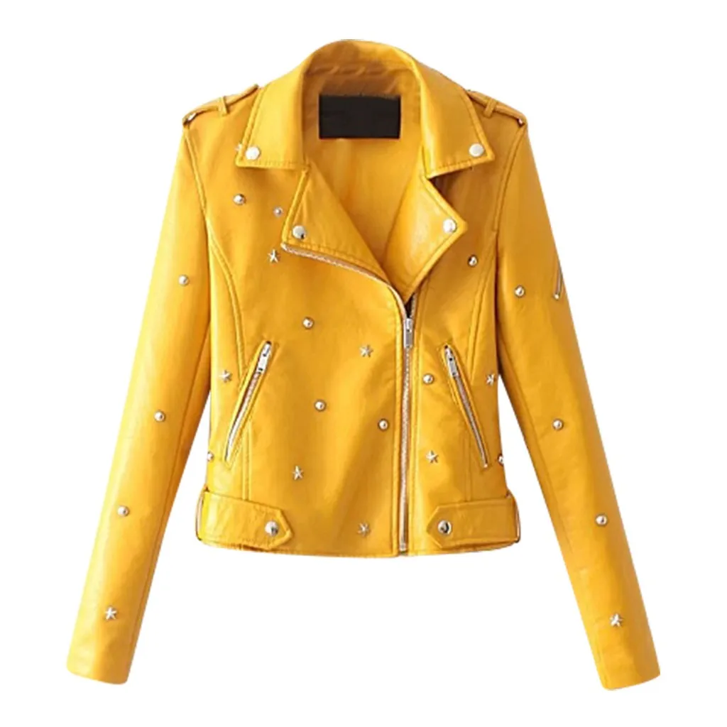Yellow HSU новые модные женские зимние пальто куртка женская повседневная сплошной цветной лацкан молния длинный рукав заклепки кожаная куртка пальто Горячая - Цвет: Yellow