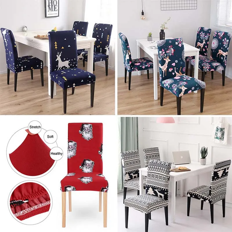 

1/4/6 Pcs Spandex Printed Chair Cover Christmas Wedding Banquet Dining Room Stretch Slipcovers for Furniture decor Chair Covers