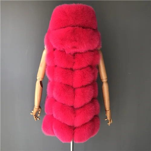 Hot pink Жилет с капюшоном из натурального Лисьего меха, женский зимний толстый меховой жилет, женский жилет из натурального Лисьего меха - Цвет: Hot pink
