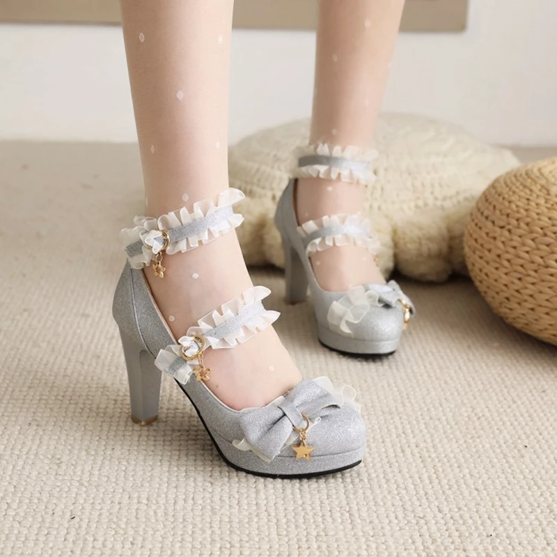 

Girls Sweet Lolita Ruffles Bowknot Lace Bridal Wedding Mary Jane Shoes Women High Heels Princess Dress Plus Size 32-43 2118-15