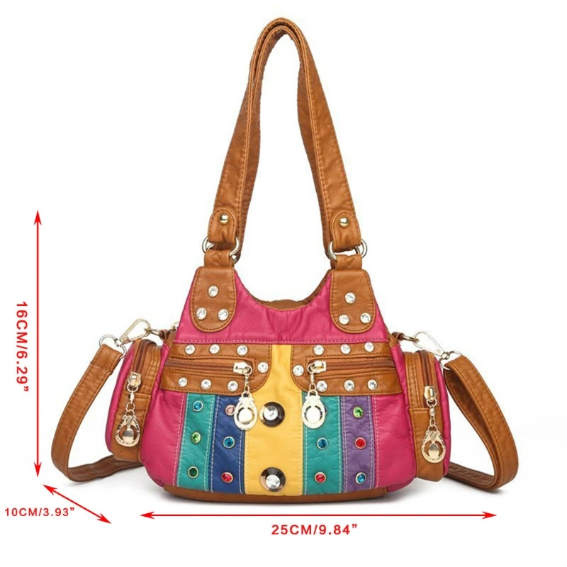 

066F Contrast Stitching Handbag Messenger Bag Soft Leather for Daily Shopping Travel Multi Pocket Shoulder Bag for Girls