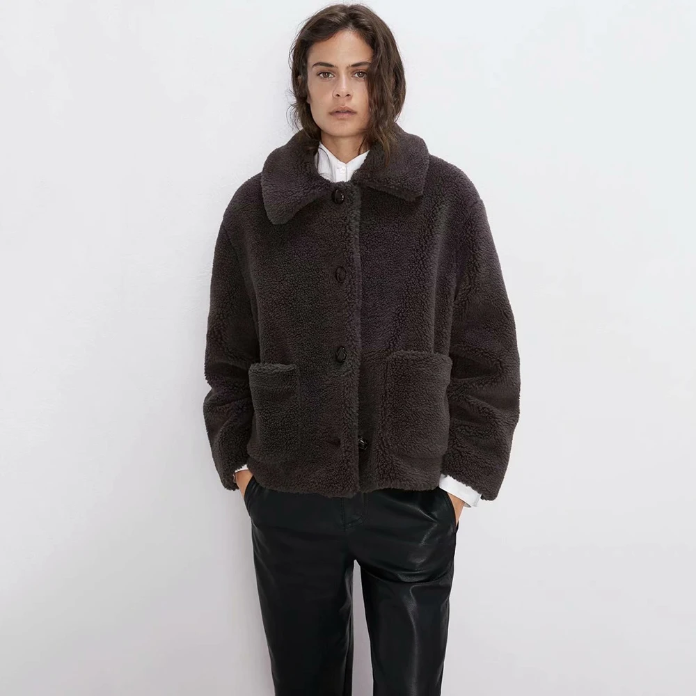 Новинка 2019 зимняя винтажная серая лохматая куртка пальто отложной воротник