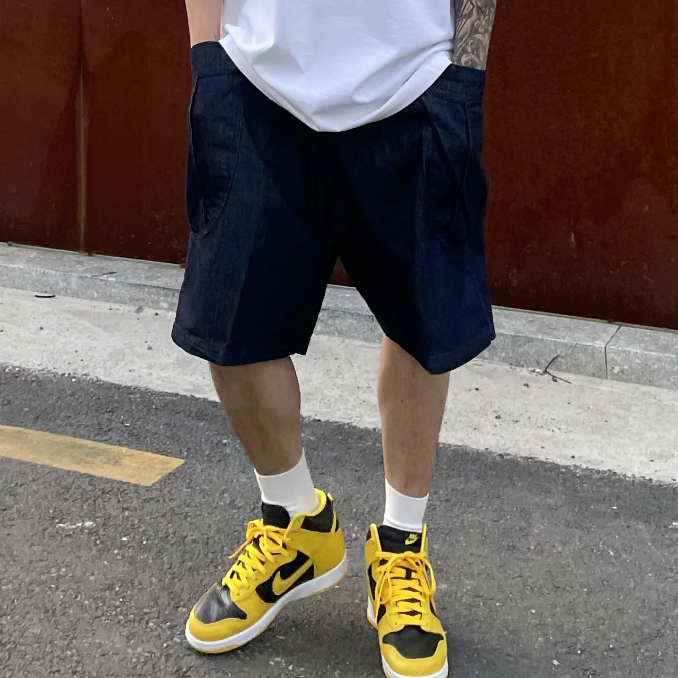 

ins Guochao Gaojie tide brand washed denim shorts men's summer sports loose five-point pants plus size casual shorts