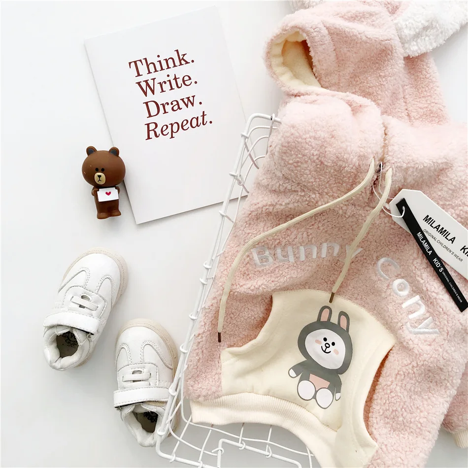Tonytaobaby/Новинка; зимняя детская одежда для мальчиков и девочек; флисовая толстовка с капюшоном с изображением медведя и кролика