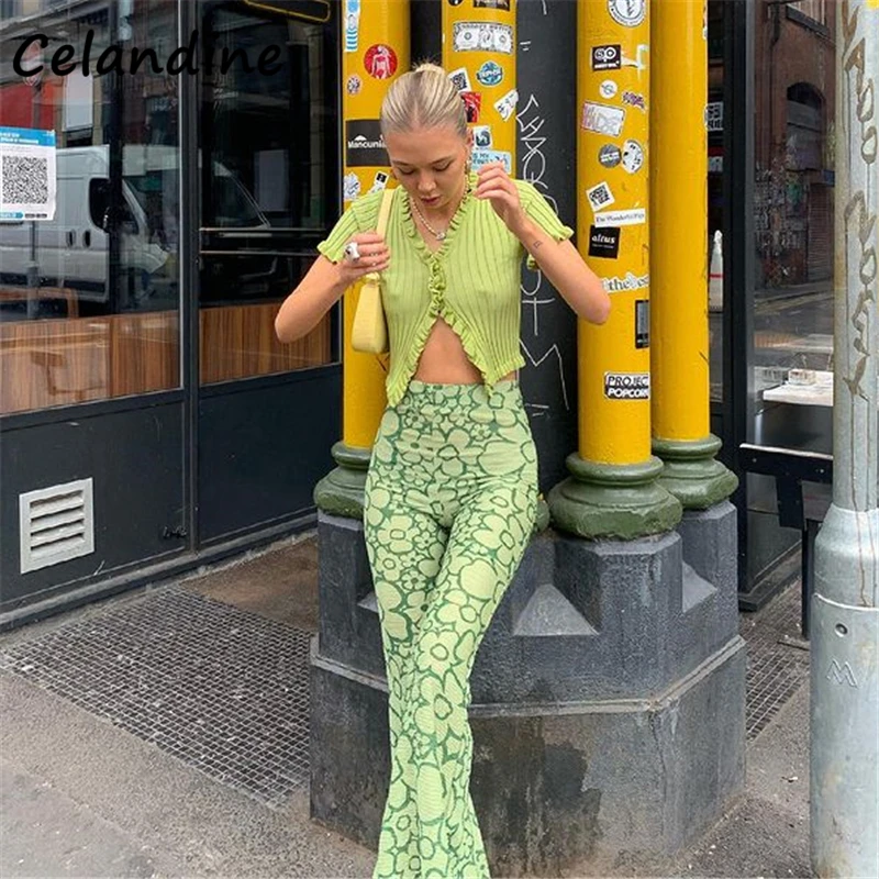 

Celandine Capris Baggy High Floral Waisted Skinny Pants Chic Sexy Women Y2K Green Pants Female 2021 Casual Trousers Sweatpants