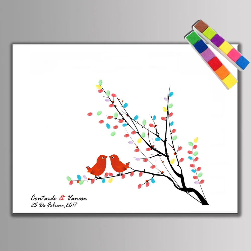 

Hot! Canvas Wedding Guestbook For Fingerprint Signature Creative Souvenir Painting Wedding Tree Love Birds Decoration 2pc Inkpad