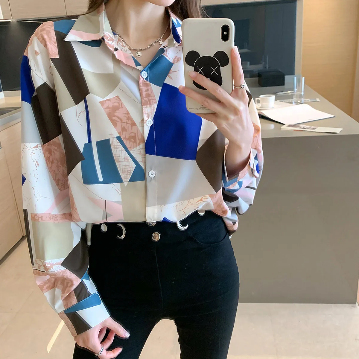 

Шифоновые свободные женские рубашки, новые модные блузки с геометрическим принтом, рубашки-поло с воротником, весенние повседневные блузы ...