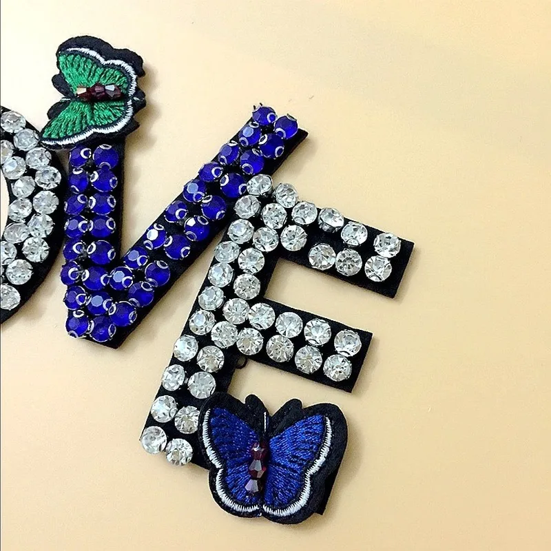

Handmade Beaded Butterfly Embroidered Badge Cloth Stickers Crystal Letters LOVE Clothes Shoes and Hats Ornament DIY Decoration