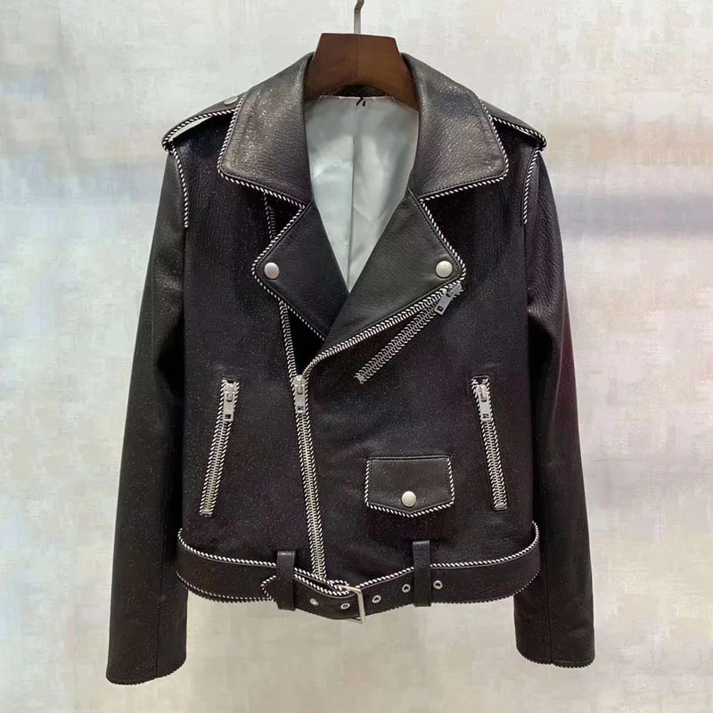 

SHZQ Новинка, брендовая мягкая женская куртка из натуральной кожи, весна и осень, высококачественные куртки из коровьей кожи, приталенный пла...