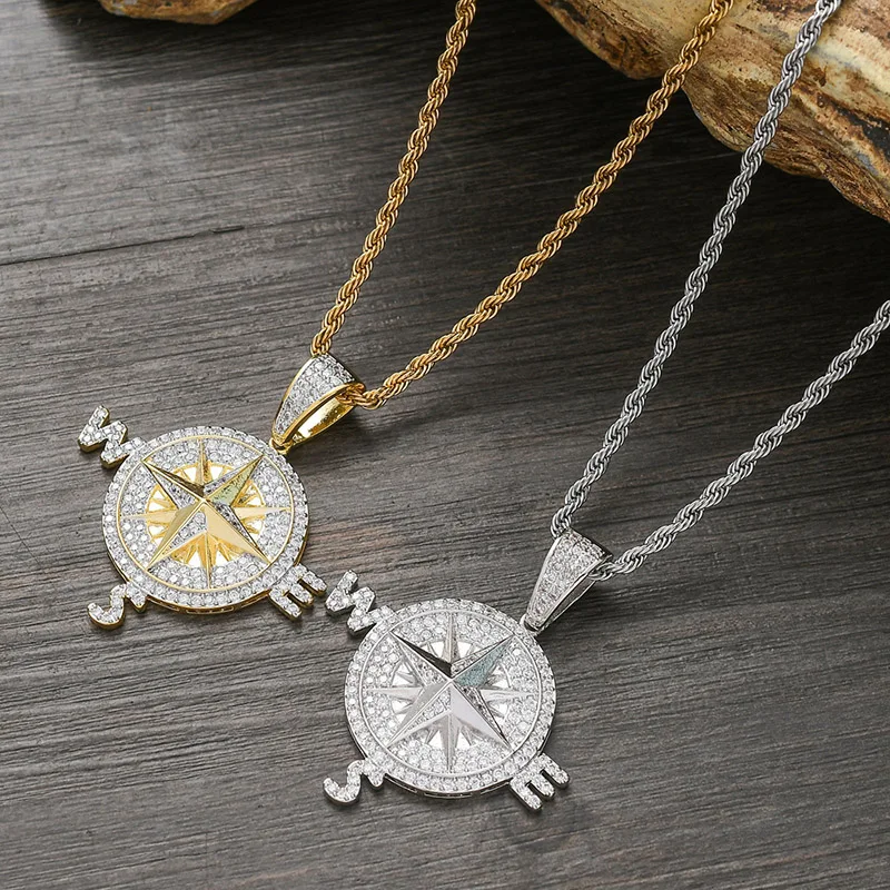 

Hip Hop Micro Paved Cubic Zirconia Bling Iced Out Compass Pendants Necklace for Men Rapper Jewelry Drop Shipping