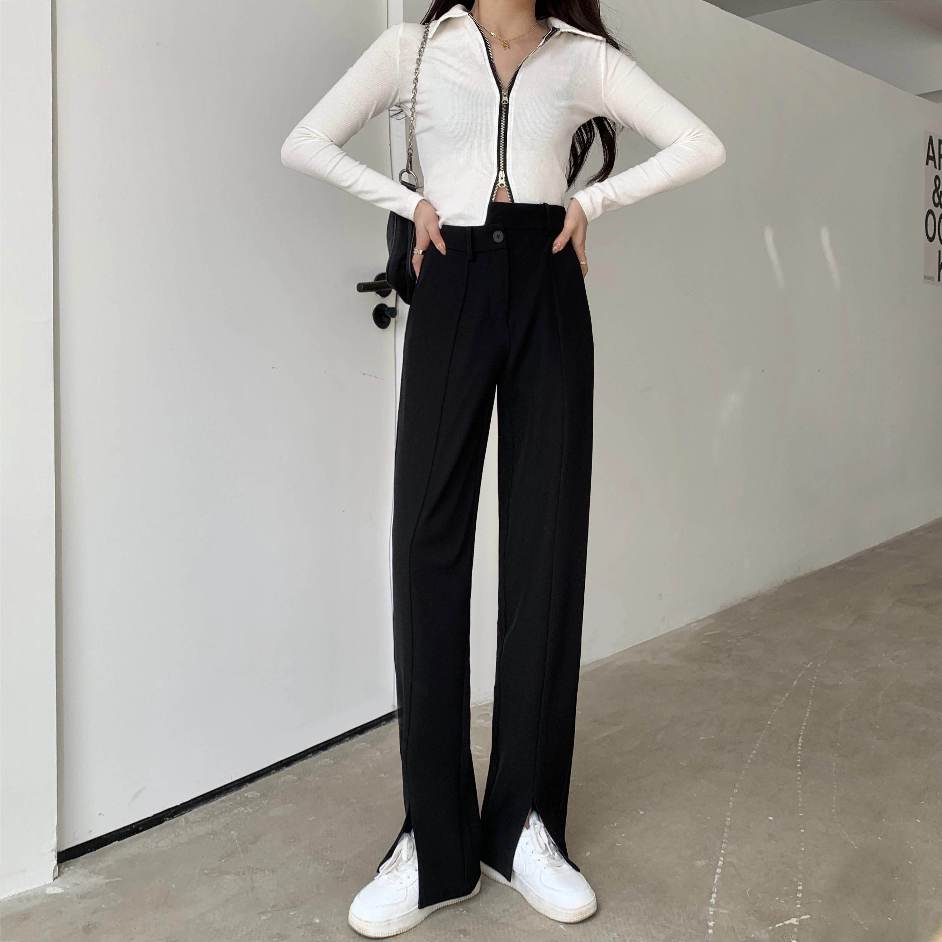 

~ 8328 # before the split leisure trousers irregular design feeling black show thin sweep the floor of tall waist pants
