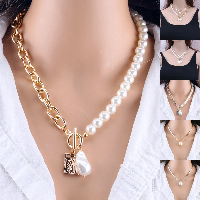 

Women Fashion Chain Pearl Necklace Baroque Pendant Choker Neck Snake Chain Jewelry Multilayer 2021 Retro Gift Geometric Ladies