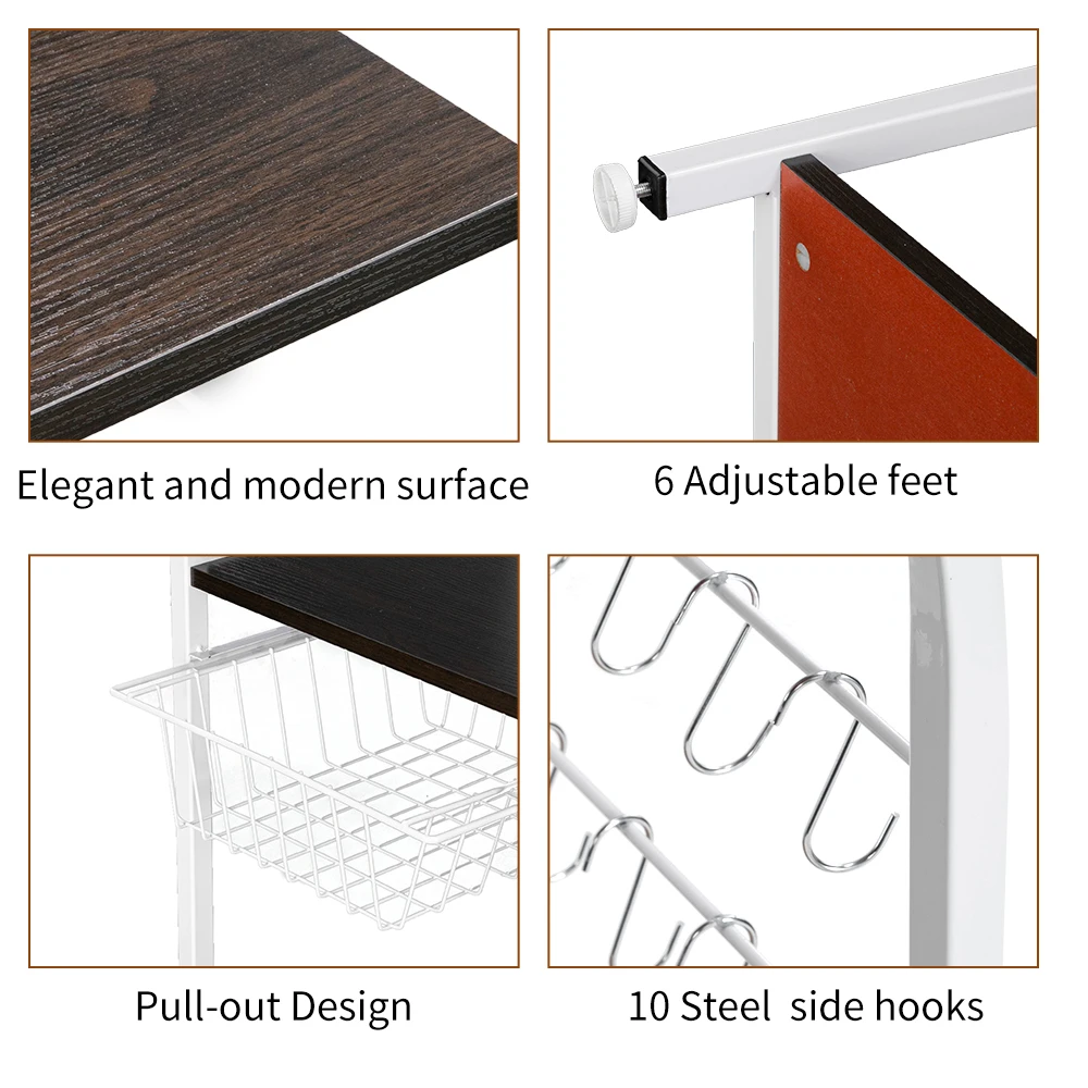 

Brown Color Kitchen Storage Shelf 35.5" Microwave Stand 4-Tier 3-Tier Shelf for Spice Rack Organizer Workstation with 10 Hooks