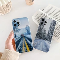 highway snow snowy road scenery transparent phone case for iphone 7 8 plus se 2020 13 11 12 pro max x xs max xr soft clear cover