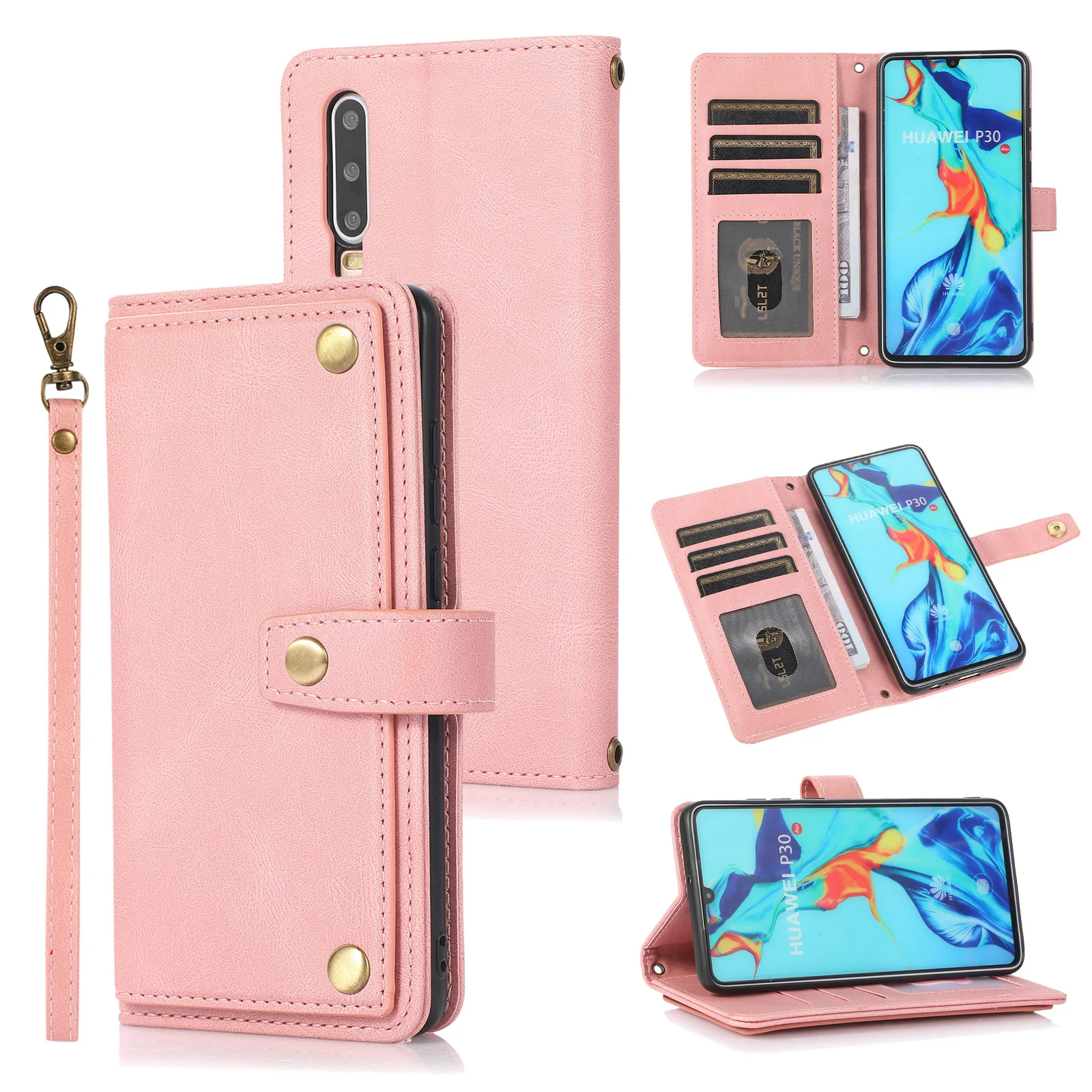 

Pu Leather Flip Phone Case For Huawei P30 Pro TPU Liner Cover For Huawei P30 Lite Wallet Card Slots Holder Case With Lanyard
