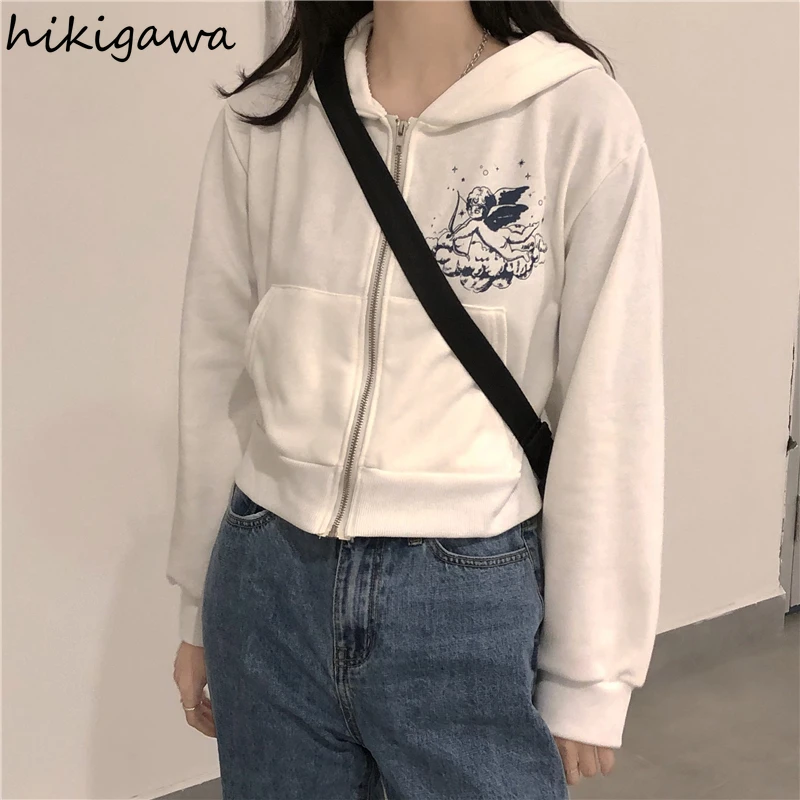 

Осенний короткий свитер Hikigawa с капюшоном, Женский винтажный Свободный Тонкий студенческий кардиган 2021, свитшоты, куртки с длинным рукавом и...