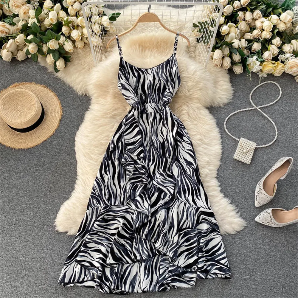 

Women Zebra Slim Sling Dress Summer Irregular Ruffle Midi Strap Dresses Fashion Vintage Party Gown Female Sexy Sundress 2021
