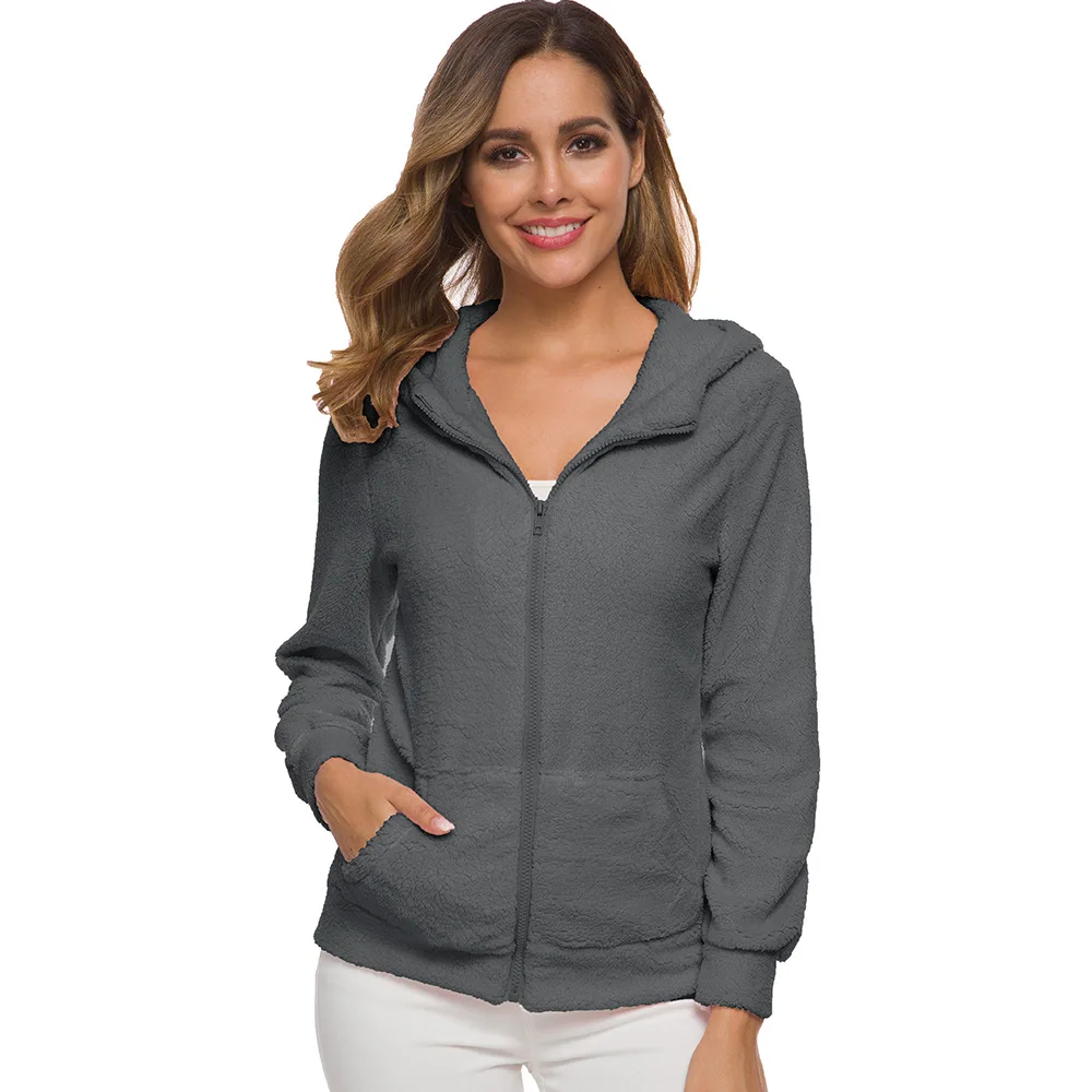 Женское осеннее и зимнее пальто на молнии с карманами капюшоном плюшевое меховым