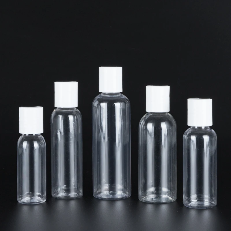 

100pcs 30ml/50ml/60ml/100ml Plastic PET Clear Empty Bottles w/ Disc Top Flip Cap Shampoo Lotion Liquid Cream Cosmetic Containers
