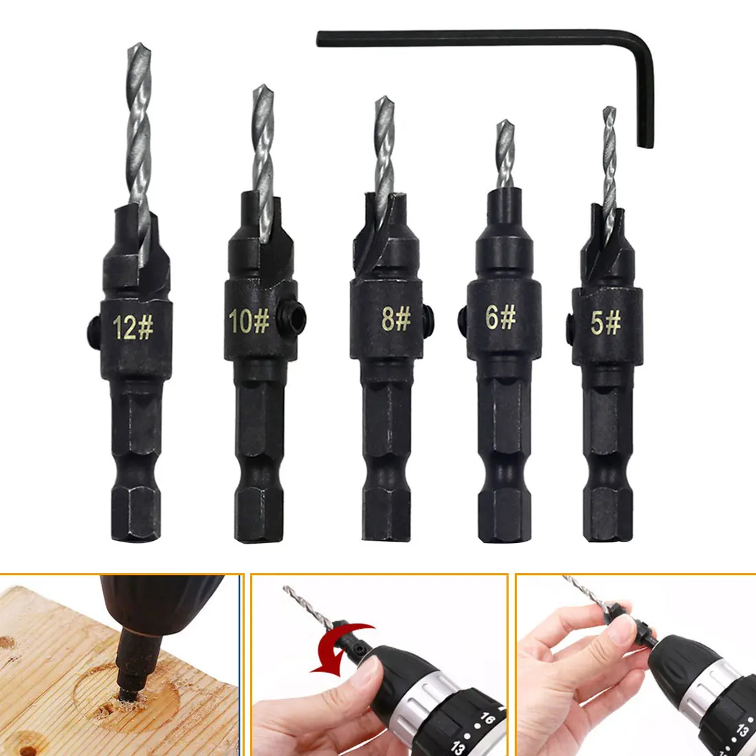 

5pcs Hexagonal Countersink Drill Woodworking Drill Bit Set Drilling Pilot Holes For Screw Sizes #5 #6 #8 #10 #12 With a wrench
