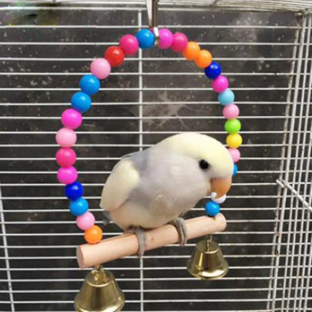 

Natural Wooden Parrots Swing Toys Birds Perch Hanging Swings Cage With Colorful Beads Bells Toys Bird Supplies