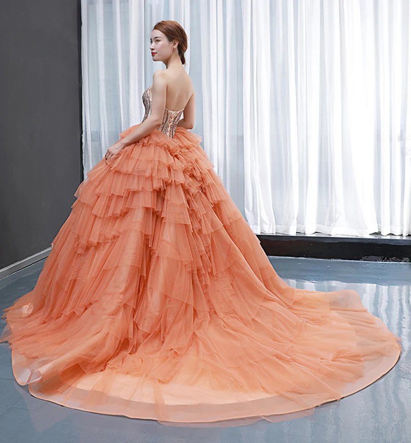 J66934 Jancember Orange Formal Dresses Evening Cake 2021 Strapless Sleeveless Lace Up Back Ball Gown