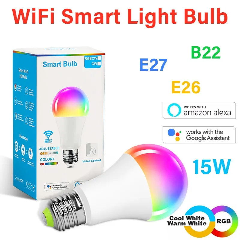 

15 Вт WiFi светильник ная лампочка E27 E26 B22 с регулируемой яркостью RGB + CCT умная лампочка с голосовым управлением работает с Alexa Google Home Siri Voice