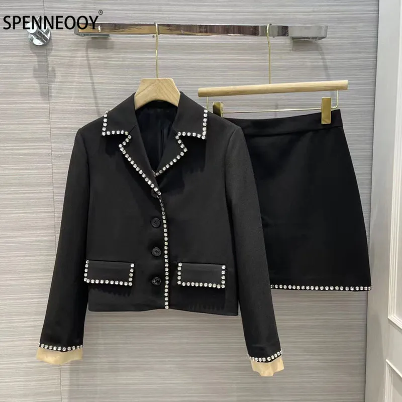 

Женский офисный костюм с юбкой SPENNEOOY, дизайнерский брендовый элегантный однобортный пиджак с бусинами и мини-юбка для осени