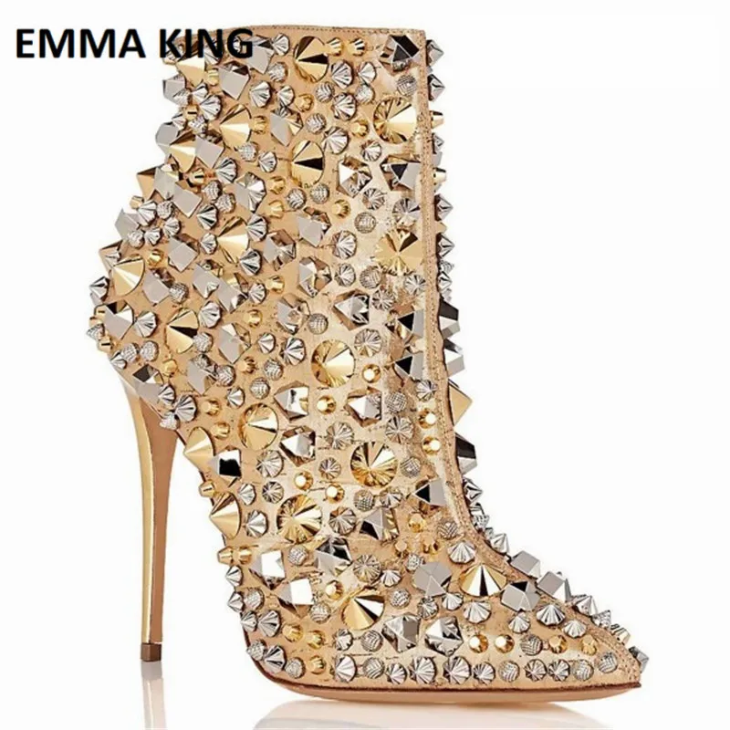 Emma King Stivaletti Tacco Alto/роскошные женские ботильоны с шипами и заклепками с острым носком; вечерние туфли высокого качества - Цвет: Style 2