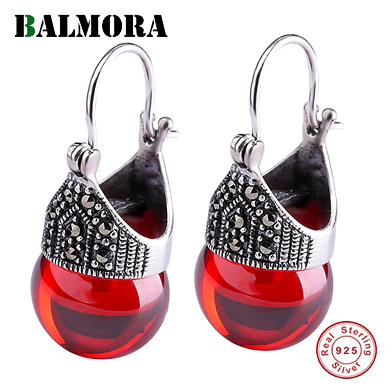 BALMORA Настоящее 925 пробы серебро Ретро Мозаика серьги для женщин матери специальный подарок Красный Циркон элегантные модные украшения Brincos