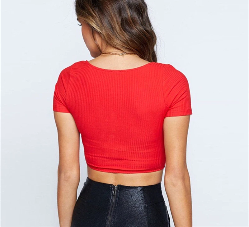 

Women Tshirt Crop Top Women's Sexy V-Neck T Shirt Solid Color Shirt Top Crop Short Sleeve Shirt Clubwear Fashion Button Top