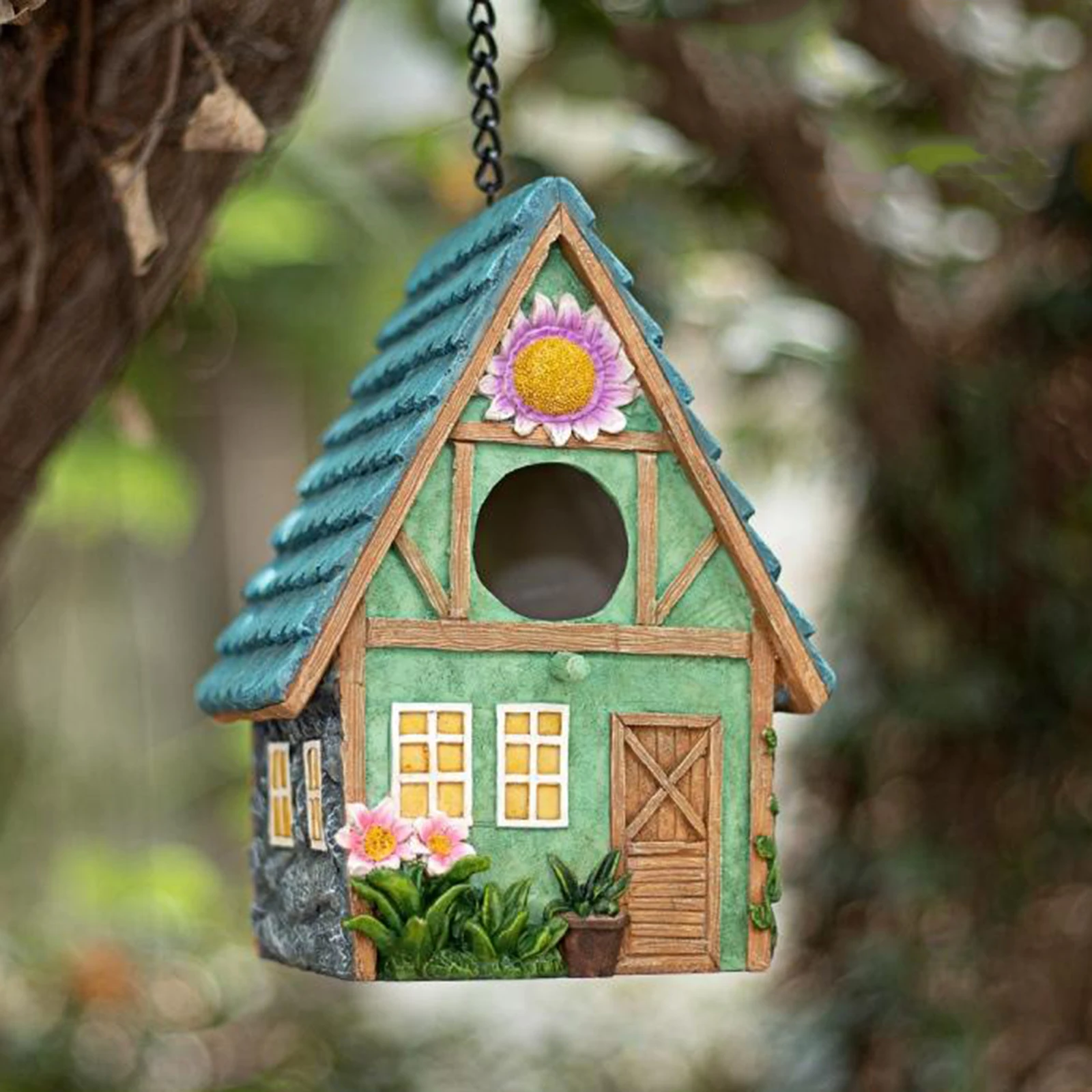 

Resin Hand-Painted ing Colourful Birdhouse Garden Country Cottages Bird House Outdoor Decorative Nesting Box for Small Birds