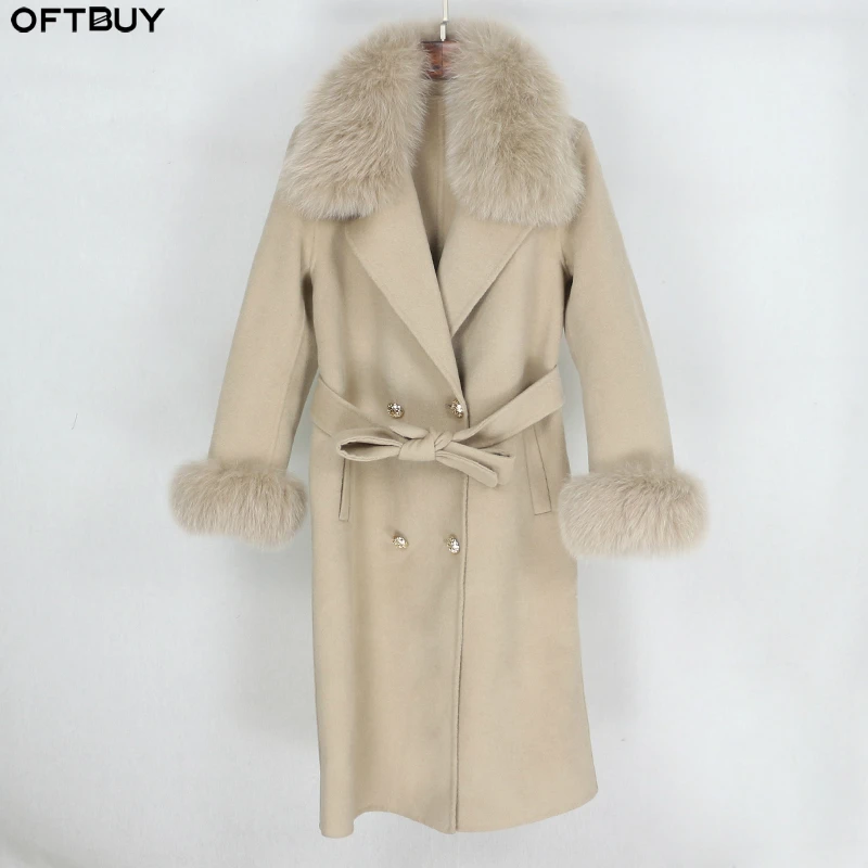 OFTBUY 2021 двубортное кашемировое шерстяное пальто из натурального меха зимняя