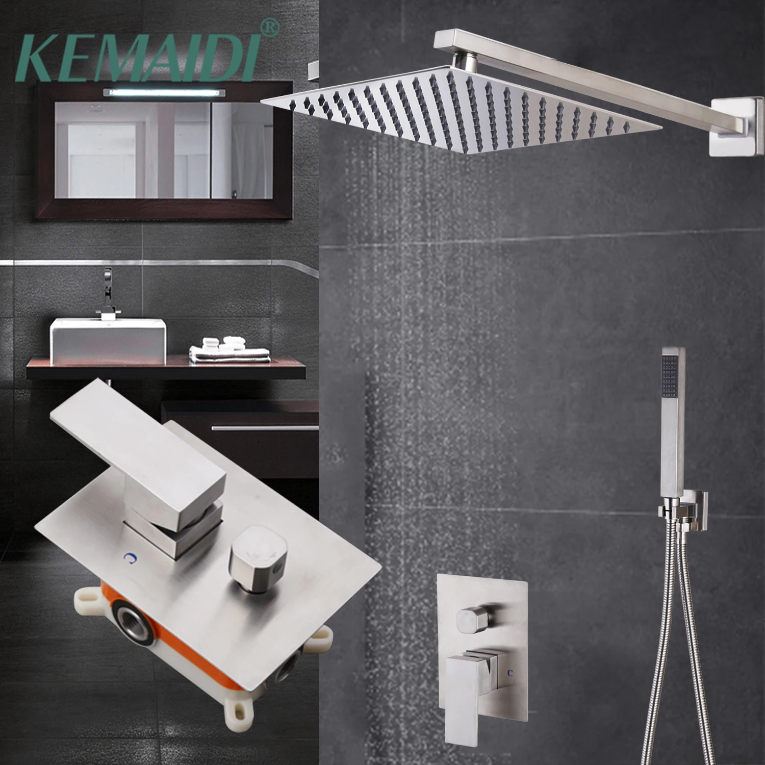 Brushed Shower Faucet Set Wall Mounted Bathroom Rainfall Sho