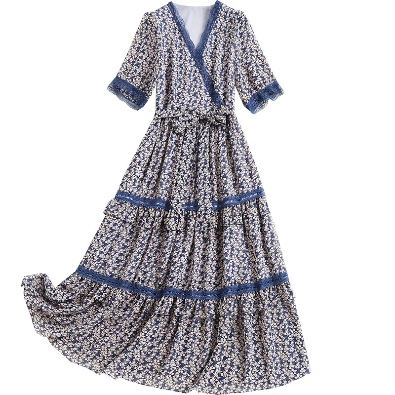 

Women floral print chiffon summer dress 2021 new designer lace trim V neck short sleeve ruffles cake dresses midi vestidos