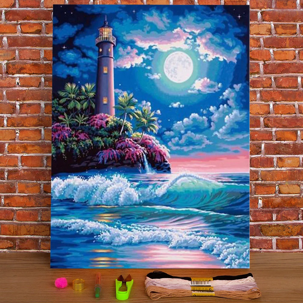 

Landscape Lighthouse Pre-Printed 11CT Cross Stitch Complete Kit DIY Embroidery DMC Threads Handicraft Sewing Stamped