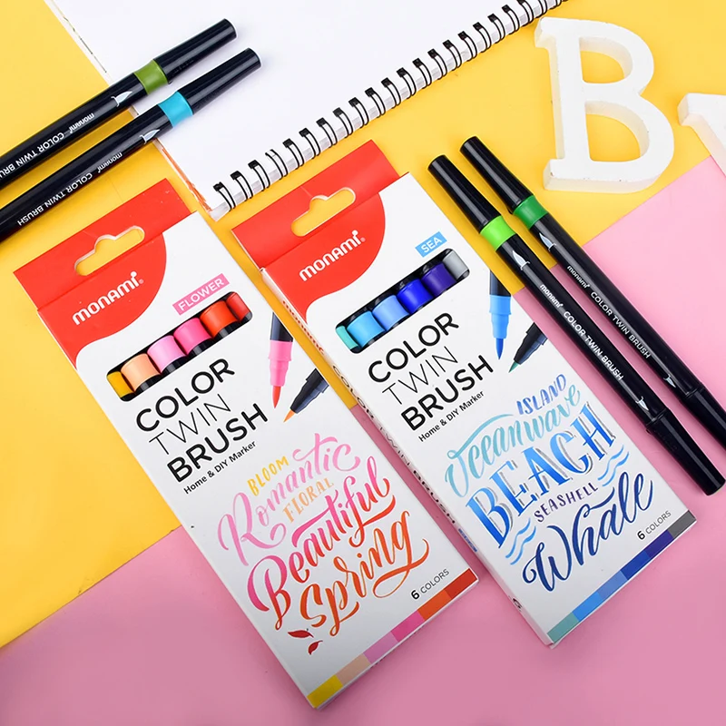 Набор цветных ручек-кистей Monami 6 шт. двусторонние маркеры среднего размера для